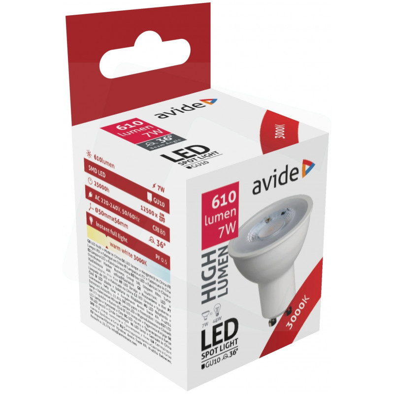 Ampoule AVIDE LED Spot GU10 -  7W - 38° - 610lm - 3000K - ALAB288764