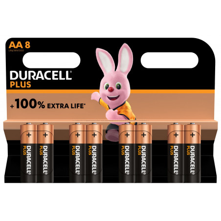 Pile alcaline LR06 MN1500 Duracell PLUS 100% blister de 8 - LR06DUR100B8