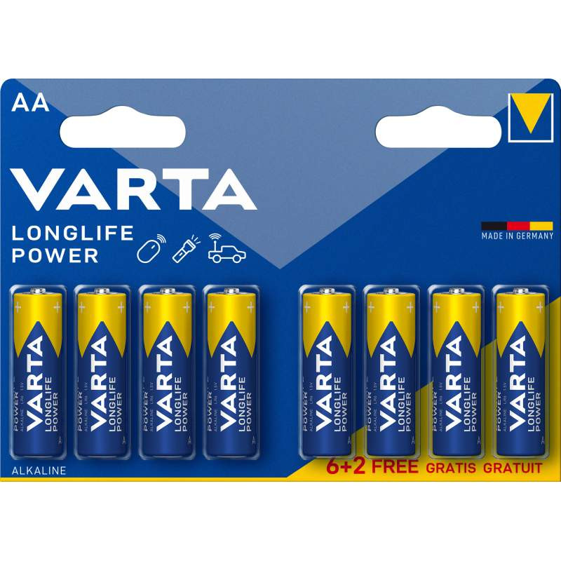 Pile alcaline Varta AA -LR06 Longlife Power - 4906 121 428 - blister de 6 + 2 gratuites