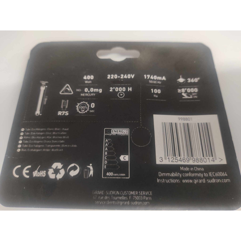 Halogene R7S 400W 118mm 2900k 8545Lm - blister de 2