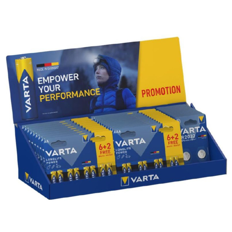 Meuble de Comptoir Varta Longlife Power - 22 blisters 6 + 2 gratuites AA et AAA et 20 x CR2032 blister de 2