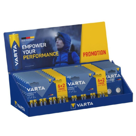 Meuble de Comptoir Varta Longlife Power - 22 blisters 6 + 2 gratuites AA et AAA et 20 x CR2032 blister de 2