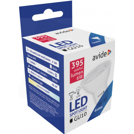 Ampoule AVIDE LED Spot GU10 alu/plast -  6W - 38° - 395lm - 6000/6500K - 286708